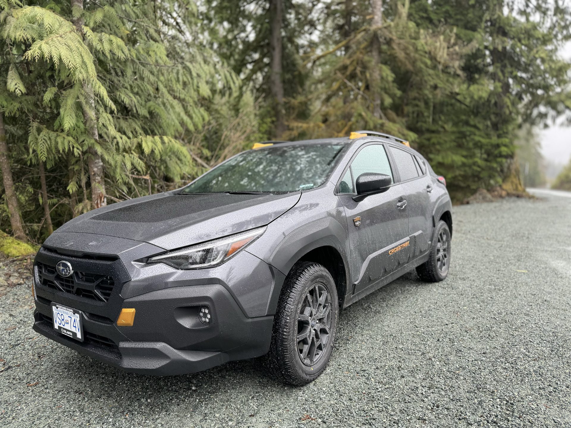 Crosstrek on a misty forest service road