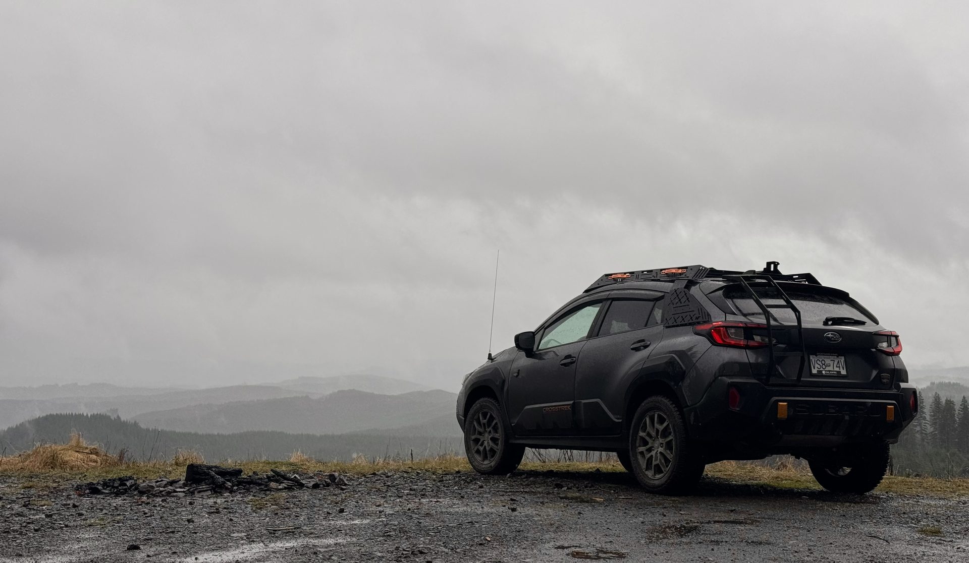 Crosstrek on a foggy Cascade ridge