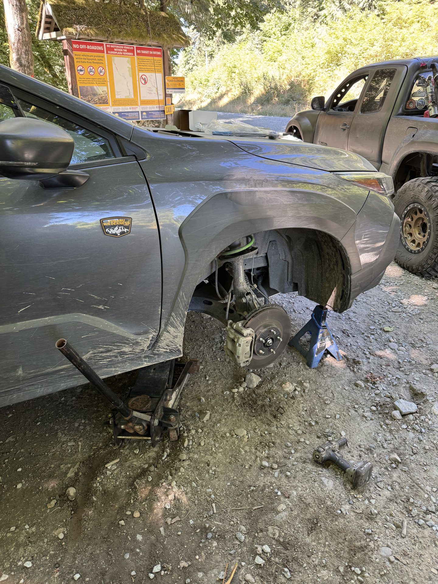 Trailside brake work on jack stands