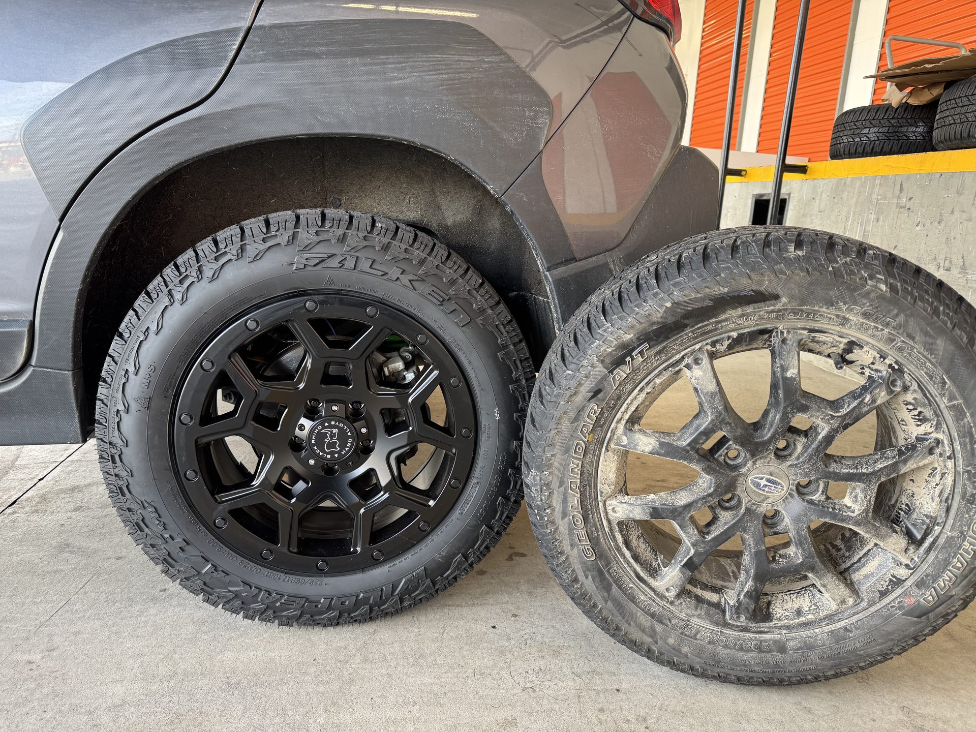 New Falken on Black Rhino wheel beside stock wheel